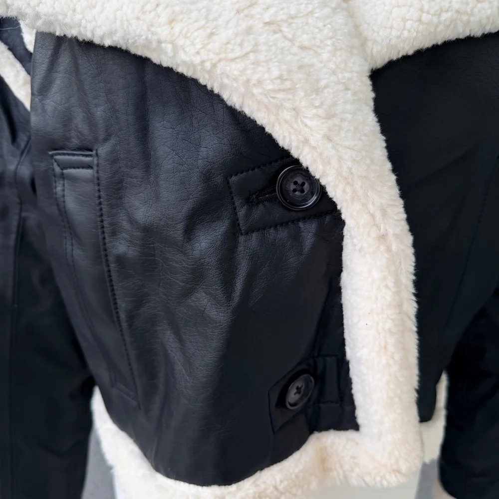 Hollister Crop Aviator Moto Jacket Vegan Leather Sherpa Lined Black Medium - Picture 3 of 8